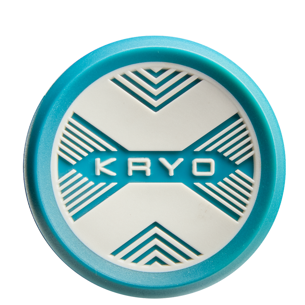 A round, blue and white object with “KRYO” at the center, X-shaped patterns, and a blue rim—evocative of the Louisville Slugger Kryo (-8) Fastpitch Softball Bat (2026), known for its advanced GO-EX1 Barrel System.
