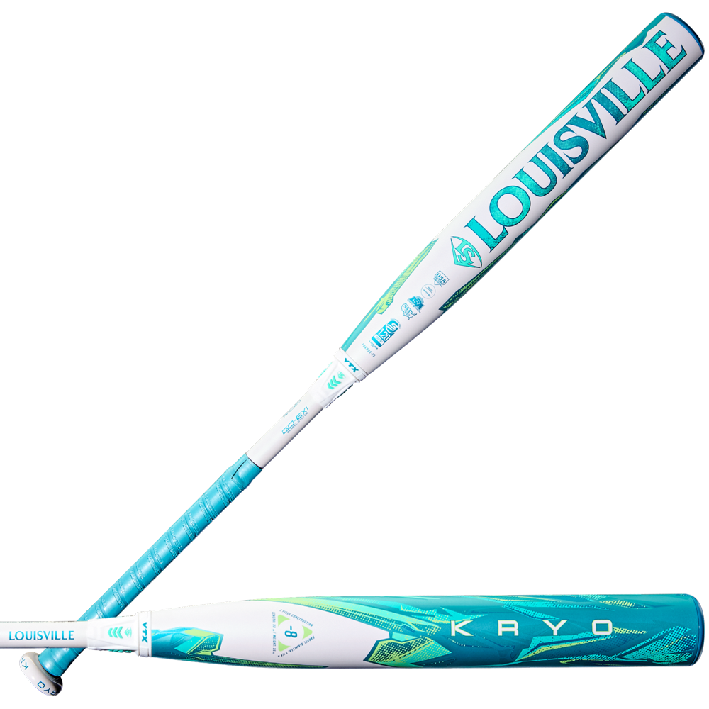Two angles of the 2026 Louisville Slugger Kryo (-8) Fastpitch Softball Bat: WBL4137010 feature the GO-EX1 Barrel System, vivid blue, green, and white design, visible brand name, and detailed graphics on the handle and barrel.