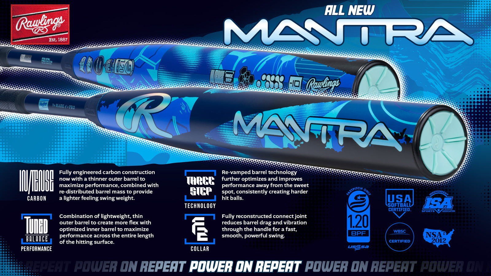 A blue Rawlings Mantra softball bat is shown with highlighted features, logos, and text describing its advanced carbon construction, barrel technology, and performance benefits on a futuristic graphic background.