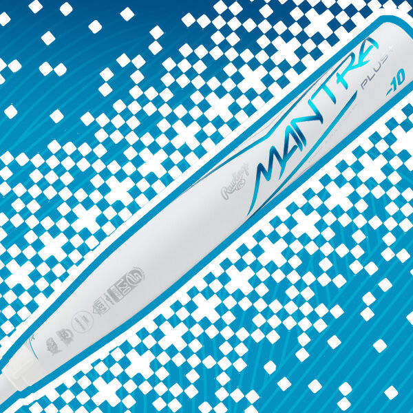 A white sports bat labeled MANTRA PLUS -10 rests on a blue background with white digital square patterns. The bat features teal and blue accents and various small logos near the handle.