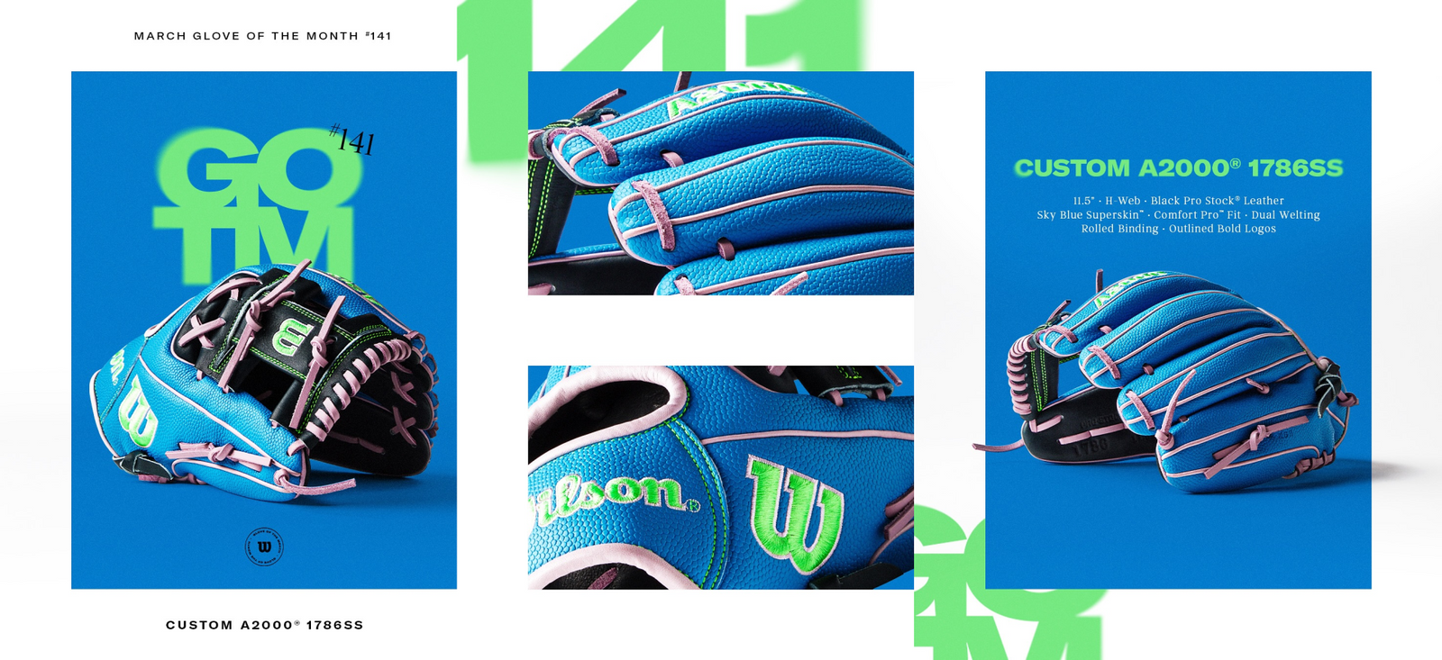 A blue Wilson A2000 baseball glove with pink and black accents is displayed from multiple angles alongside text detailing its features as the March Glove of the Month #41.