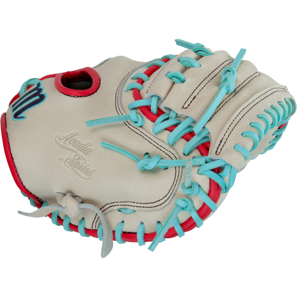 The Marucci Acadia 220C1 32" Catcher's Mitt (MFG3AC220C1-CM/R) features beige full-grain cowhide leather, red and light blue laces, Atlanta Series embossing, and decorative stitching.