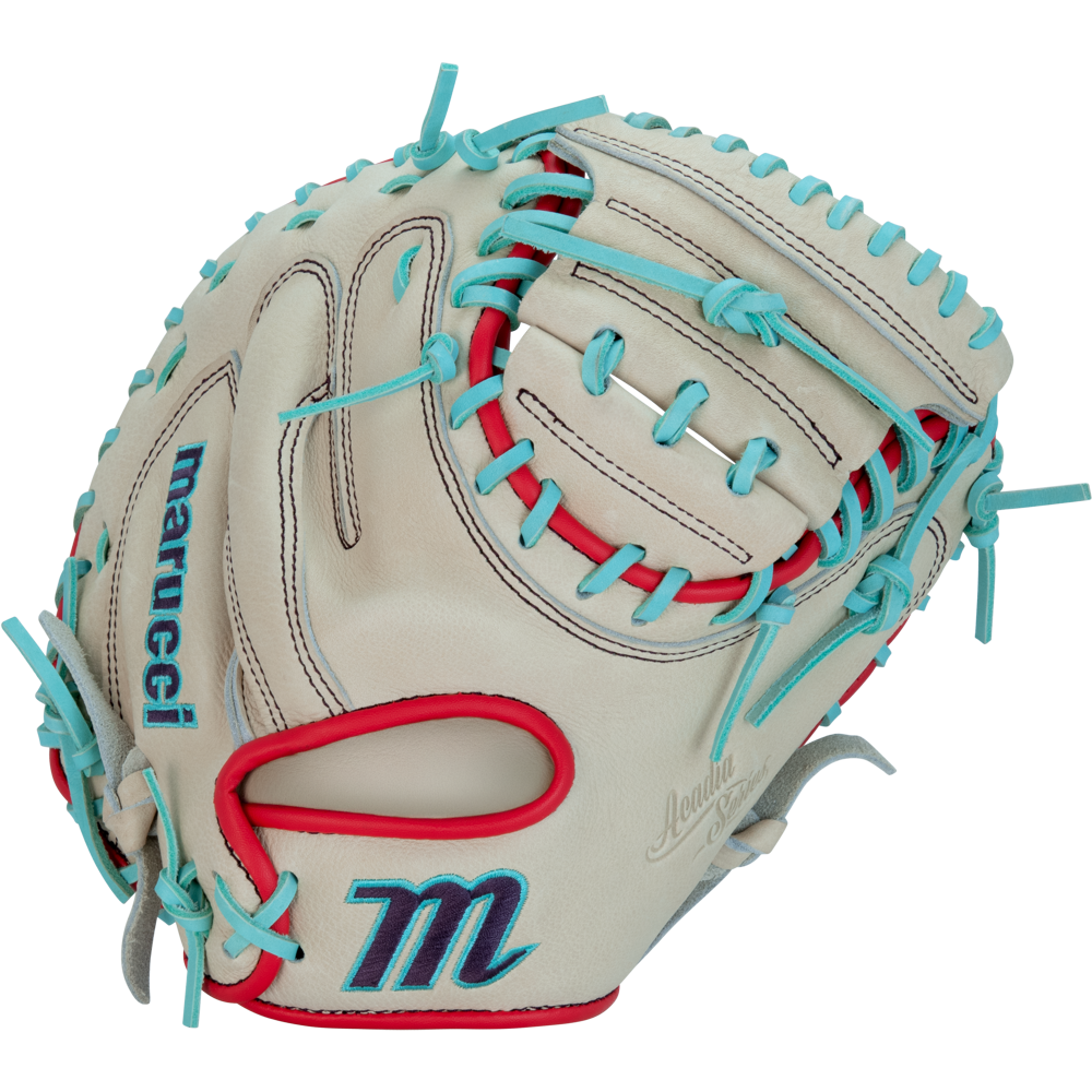 The Marucci Acadia 220C1 32" catcher's mitt (MFG3AC220C1-CM/R) features full-grain cowhide leather in beige with red and teal blue laces, blue embroidered accents, and an M logo by the wrist, displayed on a white background.