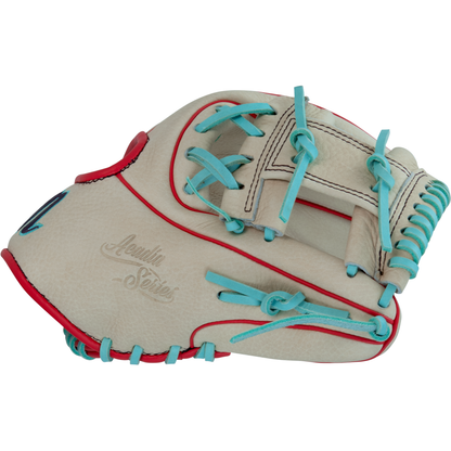 The Marucci Acadia 42A2 11.25" Baseball Glove (MFG3AC42A2-CM/R) is a beige full-grain cowhide glove with red trim, light blue laces, and the Acuña Series logo embossed on the side.