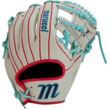 The Marucci Acadia 42A2 11.25" Baseball Glove (MFG3AC42A2-CM/R) features light beige full-grain cowhide leather, red stitching, blue laces, blue-accented branding, an open web design, and a large M on the wrist.