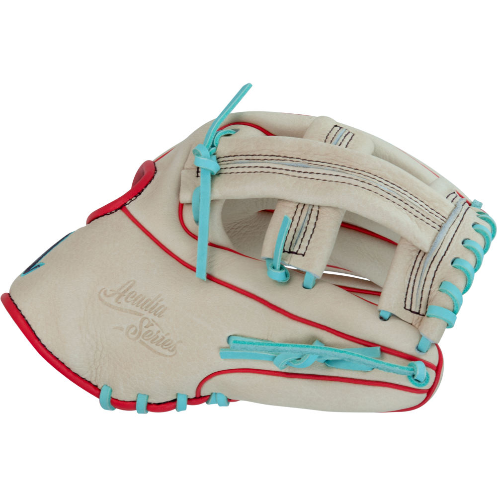 The Marucci Acadia 43A4 11.5" Baseball Glove (MFG3AC43A4-CM/R) features a cream design with red and light blue accents, woven back pattern, and “Arenado Series” embossing—perfect for infield use.