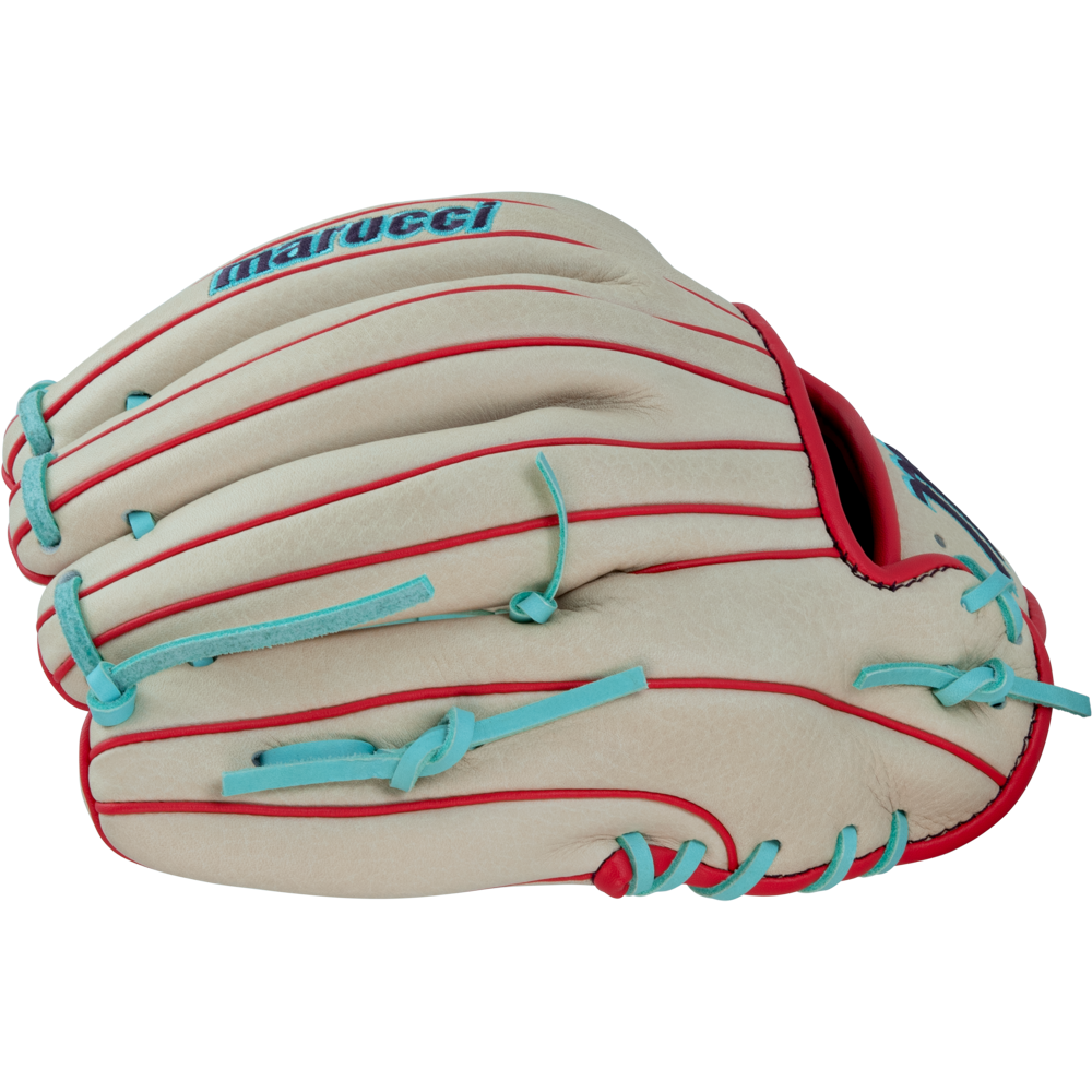 The Marucci Acadia 43A4 11.5" Baseball Glove (MFG3AC43A4-CM/R) is cream with red piping, blue laces, and the Marucci logo on the back.