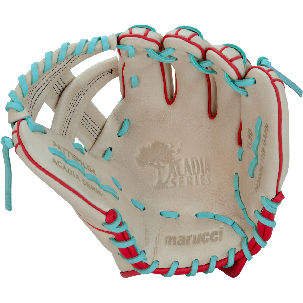 The Marucci Acadia 43A4 11.5" Baseball Glove (MFG3AC43A4-CM/R) features a tan design with red and light blue laces, the Marucci logo, and "Acadia Series" embossed on the palm, highlighting its detailed interior patterns.