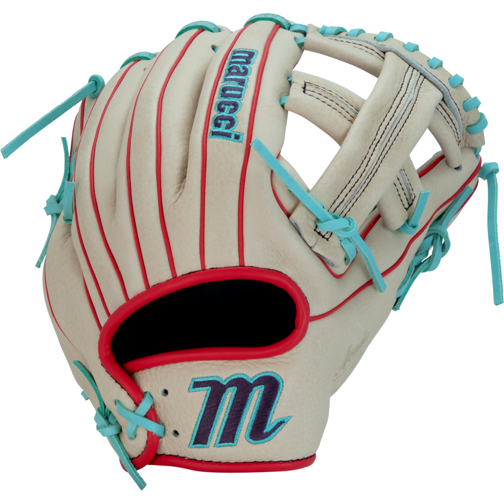 The Marucci Acadia 43A4 11.5" Baseball Glove (MFG3AC43A4-CM/R) features a cream color with red accents, blue stitching, and light blue laces, plus an embroidered Marucci logo and “m” in striking blue and red.