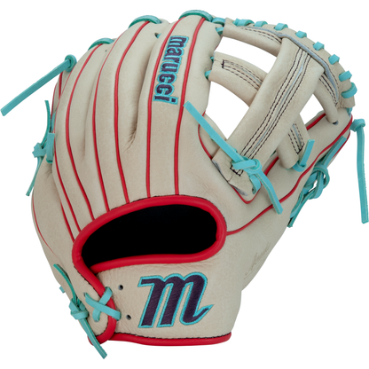 The Marucci Acadia 43A4 11.5" Baseball Glove (MFG3AC43A4-CM/R) features a cream color with red accents, blue stitching, and light blue laces, plus an embroidered Marucci logo and “m” in striking blue and red.