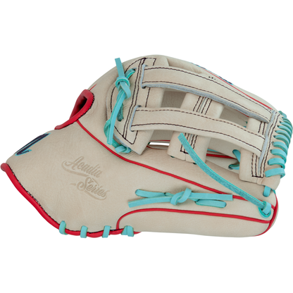The Marucci Acadia 45A3 12" Baseball Glove (MFG3AC45A3-CM/R) is beige with red and light blue accents, blue laces, “Acuña Series” embossed on the side, and crafted from premium full-grain cowhide leather.