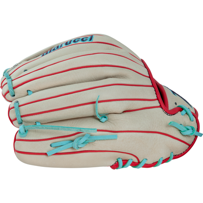 The Marucci Acadia 45A3 12" Baseball Glove (MFG3AC45A3-CM/R) features a cream color with red stripes, teal laces, full-grain cowhide leather, and the Marucci brand name visible on the side.