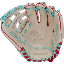 The Marucci Acadia 45A3 12" Baseball Glove (MFG3AC45A3-CM/R) is shown palm-side up, featuring tan full-grain cowhide leather, red and teal lacing, embossed Marucci logos, and intricate stitching.