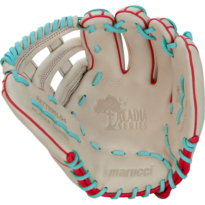 The Marucci Acadia 45A3 12" Baseball Glove (MFG3AC45A3-CM/R) is shown palm-side up, featuring tan full-grain cowhide leather, red and teal lacing, embossed Marucci logos, and intricate stitching.