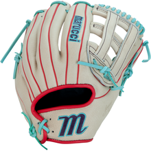 The Marucci Acadia 45A3 12" Baseball Glove (MFG3AC45A3-CM/R) is white with red accents, light blue laces, and a blue Marucci logo. Made from full-grain cowhide leather, it features an embroidered "m" near the wrist opening.