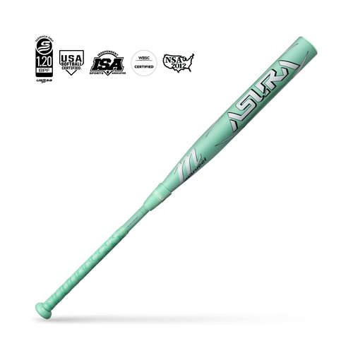 A Marucci 2025 ASURA (-9) Fastpitch Softball Bat (MFPAS9, DEMO) in mint green with white and silver accents is shown horizontally on a plain light background, with various softball certification logos above.