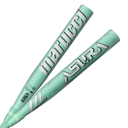 Two 2025 Marucci ASURA (-9) Fastpitch Softball Bats (MFPAS9 DEMO), mint green with bold silver ASURA and Marucci branding, feature Gap Sync barrel technology and are displayed diagonally on a plain white background.