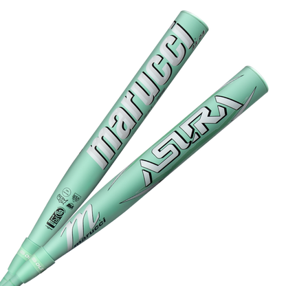Two 2025 Marucci ASURA (-9) Fastpitch Softball Bats (MFPAS9 DEMO), mint green with bold silver ASURA and Marucci branding, feature Gap Sync barrel technology and are displayed diagonally on a plain white background.