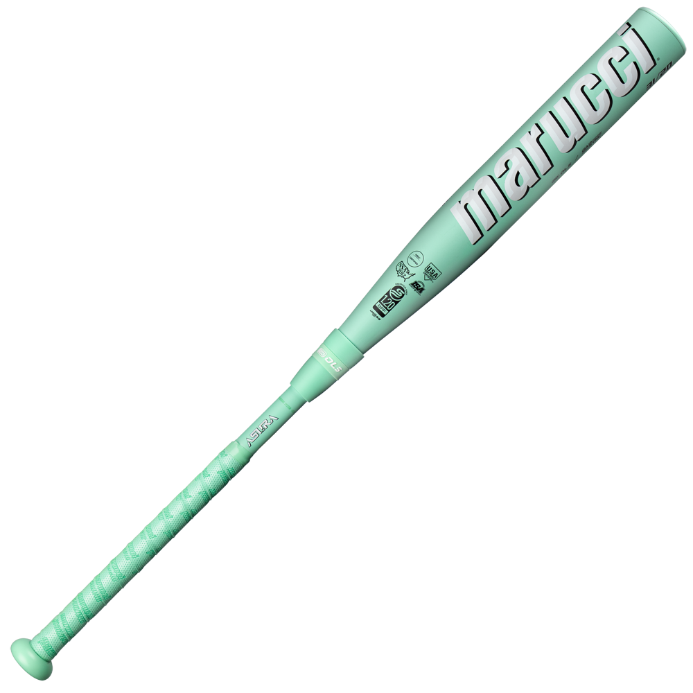 A 2025 Marucci ASURA (-11) Fastpitch Softball Bat (MFPAS11) in mint green, featuring a textured grip and EVolve composite construction, with "Marucci" printed boldly on the barrel, displayed on a plain white background.