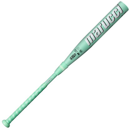 A 2025 Marucci ASURA (-11) Fastpitch Softball Bat (MFPAS11) in mint green, featuring a textured grip and EVolve composite construction, with "Marucci" printed boldly on the barrel, displayed on a plain white background.