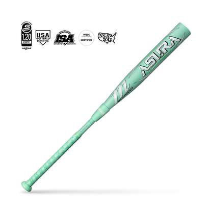 The 2025 Marucci ASURA (-11) Fastpitch Softball Bat (MFPAS11) features a teal design with white Marucci logos, EVolve composite construction, and certification logos above the bat, all displayed on a white background.