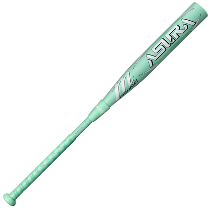 The 2025 Marucci ASURA (-11) Fastpitch Softball Bat (MFPAS11) features a mint green finish, white and silver ASTRA branding, EVolve composite construction, textured grip, and a sleek modern design.