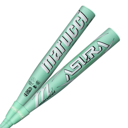 A close-up of the 2025 Marucci ASURA (-11) Fastpitch Softball Bat: MFPAS11 highlights its advanced EVolve composite construction, designed by Marucci for top-tier performance at the plate.