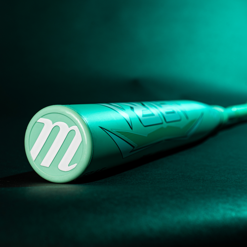 A close-up of the 2025 Marucci ASURA (-9) Fastpitch Softball Bat: MFPAS9 (DEMO) shows its teal finish with a white M logo on the end cap, dramatic teal lighting, and highlights its Gap Sync barrel technology.