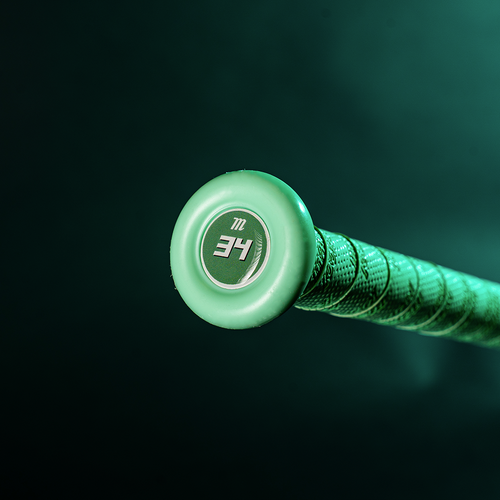Close-up of the 2025 Marucci ASURA (-9) Fastpitch Softball Bat: MFPAS9 (DEMO) handle, featuring a green textured grip and metal cap with "34" and the Marucci logo, shown against a dark green background.