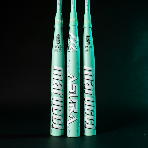 Three mint green 2025 Marucci ASURA (-9) Fastpitch Softball Bats (MFPAS9 DEMO) stand upright against a dark background, with Marucci branding and Gap Sync barrel technology clearly visible on the barrels.