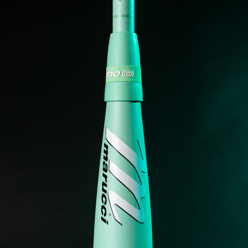 Close-up of the 2025 Marucci ASURA (-9) Fastpitch Softball Bat: MFPAS9 (DEMO) in teal stands vertically against a dark background, displaying the Marucci logo and Gap Sync barrel technology clearly on the barrel.