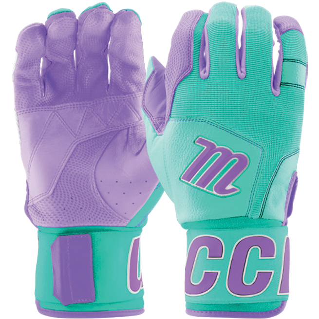 Marucci Blacksmith V2 Full Wrap Adult Batting Gloves (MBG2BKSM) in purple and teal feature a stylized m logo on the back, CC text on the wrist strap, and a durable goatskin palm—one glove shown palm up, one palm down.