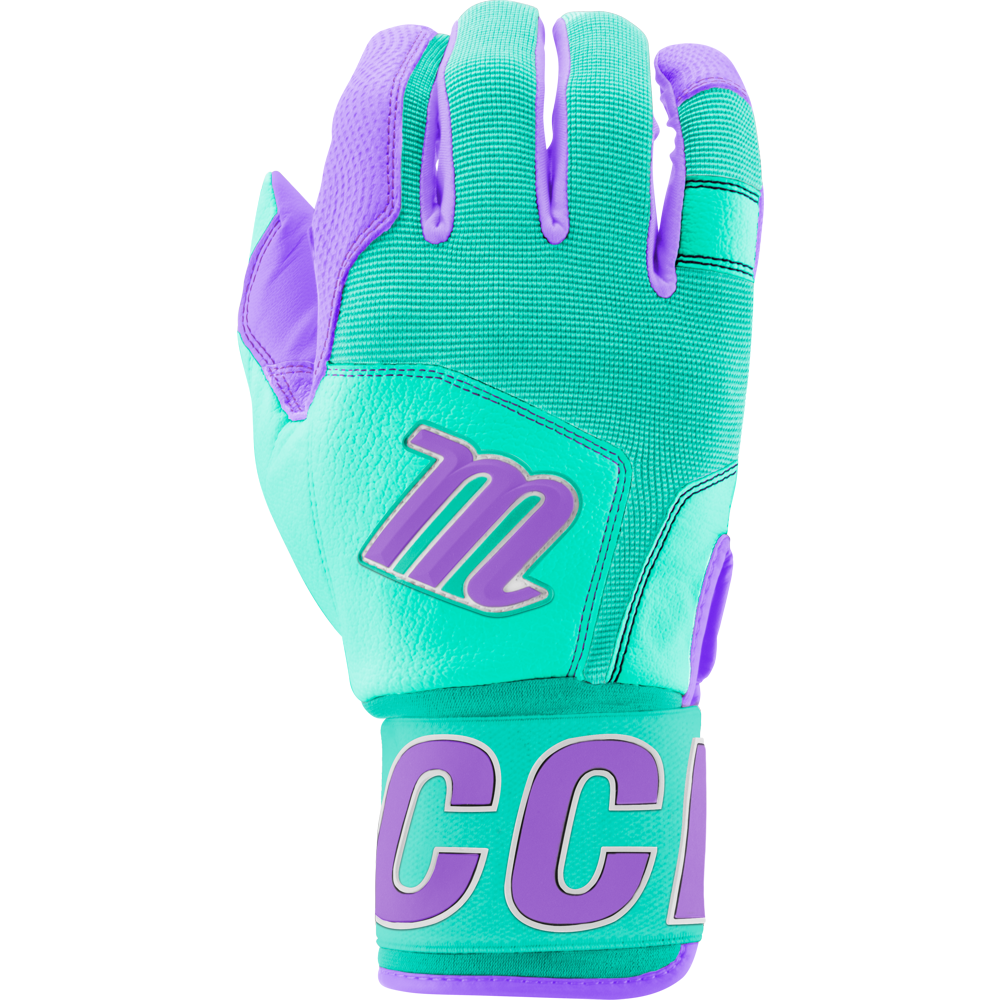 A close-up of the Marucci Blacksmith V2 Full Wrap Youth Batting Gloves (MBG2BKSMFWY), featuring a durable design with a premium goatskin palm.
