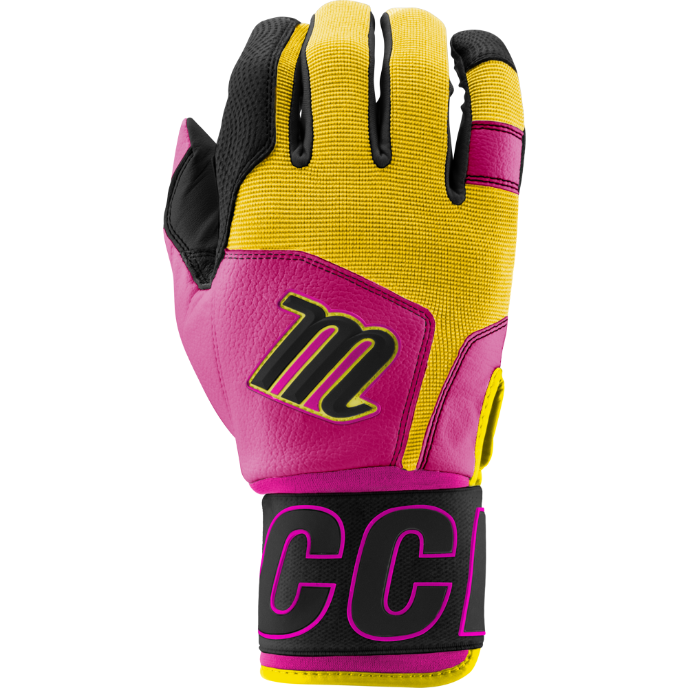 The Marucci Blacksmith V2 Full Wrap Youth Batting Gloves feature a durable design in yellow, pink, and black with a goatskin palm, stylized M logo on the back, and bold CCL text on the adjustable wrist strap.