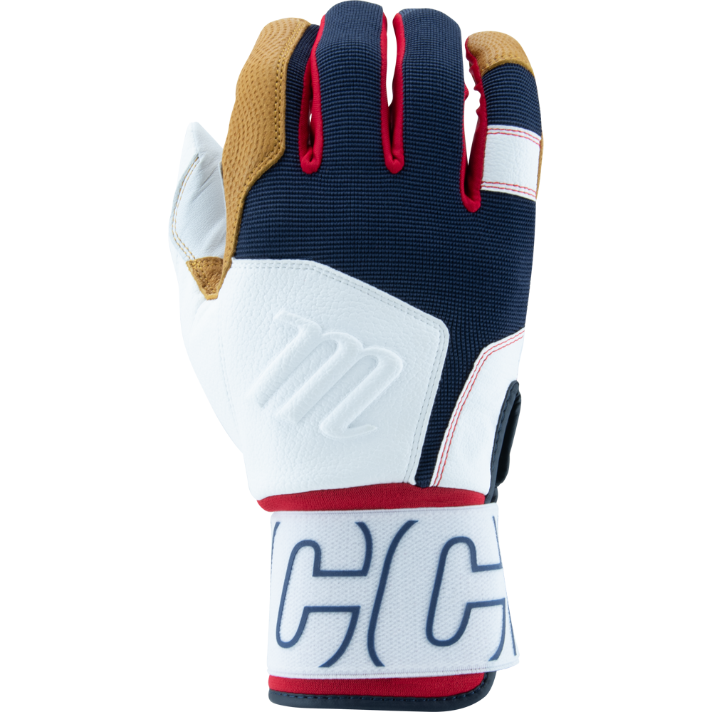 A single Marucci Blacksmith V2 Full Wrap Adult Batting Glove (MBG2BKSM) in navy blue and white, with tan fingertips, red trim, and a large white strap with bold blue letters. Palm side not shown. Perfect for athletes wanting Marucci quality.