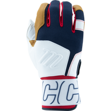 A single Marucci Blacksmith V2 Full Wrap Adult Batting Glove (MBG2BKSM) in navy blue and white, with tan fingertips, red trim, and a large white strap with bold blue letters. Palm side not shown. Perfect for athletes wanting Marucci quality.