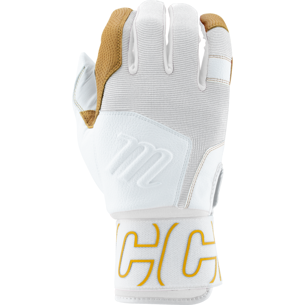 The Marucci Blacksmith V2 Full Wrap Youth Batting Gloves (MBG2BKSMFWY) feature a white durable design with brown thumb and index accents, textured top, yellow-stitched "CH" on the strap, and a goatskin palm for grip, shown on a light background.