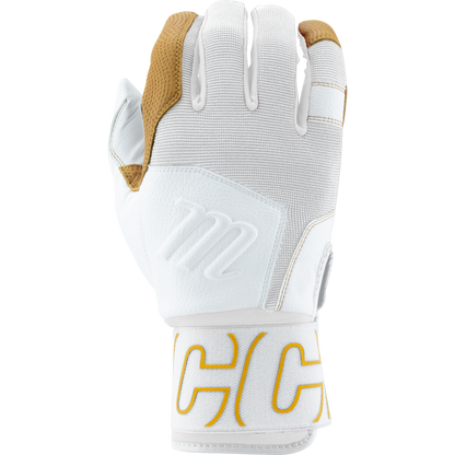 The Marucci Blacksmith V2 Full Wrap Youth Batting Gloves (MBG2BKSMFWY) feature a white durable design with brown thumb and index accents, textured top, yellow-stitched "CH" on the strap, and a goatskin palm for grip, shown on a light background.