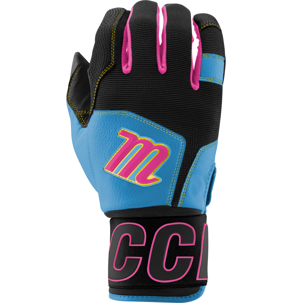 The Marucci Blacksmith V2 Full Wrap Youth Batting Gloves feature blue, black, and pink colors, a yellow and pink M logo on the back, CCM in pink on the wrist strap, visible stitching, textured surface, and a comfortable goatskin palm.