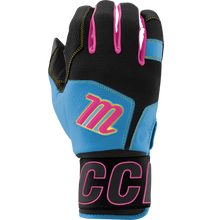 The Marucci Blacksmith V2 Full Wrap Youth Batting Gloves feature blue, black, and pink colors, a yellow and pink M logo on the back, CCM in pink on the wrist strap, visible stitching, textured surface, and a comfortable goatskin palm.