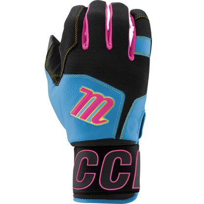 The Marucci Blacksmith V2 Full Wrap Youth Batting Gloves feature blue, black, and pink colors, a yellow and pink M logo on the back, CCM in pink on the wrist strap, visible stitching, textured surface, and a comfortable goatskin palm.