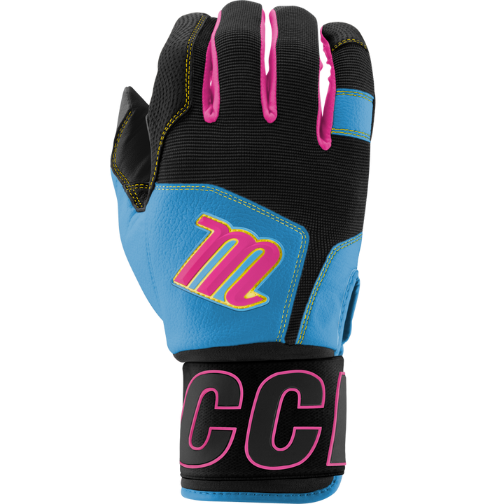 Black, Columbia Blue & Pink marucci blacksmith batting gloves with M logo and full wrap wrist for baseball or softball on a white background