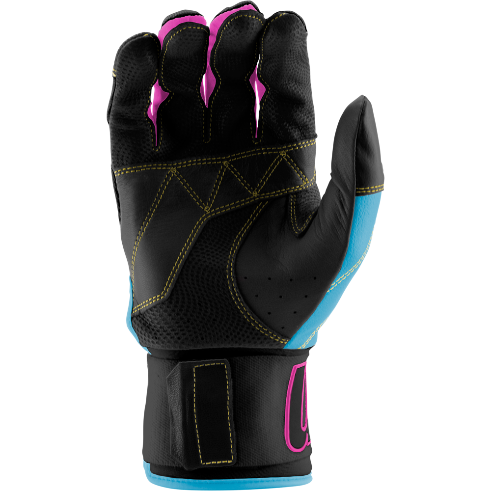 The Marucci Blacksmith V2 Full Wrap Youth Batting Glove (MBG2BKSMFWY) is shown in black/blue with yellow stitching and pink accents. It features a goatskin palm and Velcro wrist strap, offering durability for training or protection.