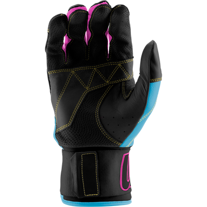 The Marucci Blacksmith V2 Full Wrap Youth Batting Glove (MBG2BKSMFWY) is shown in black/blue with yellow stitching and pink accents. It features a goatskin palm and Velcro wrist strap, offering durability for training or protection.