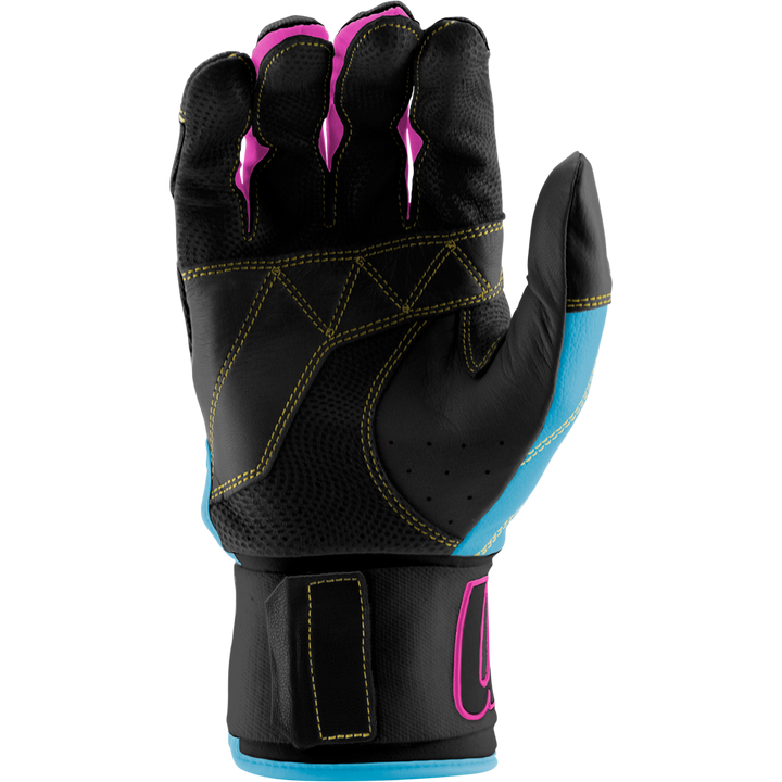 Black, Columbia Blue & pink marucci blacksmith batting gloves with M logo and full wrap wrist for baseball or softball on a white background