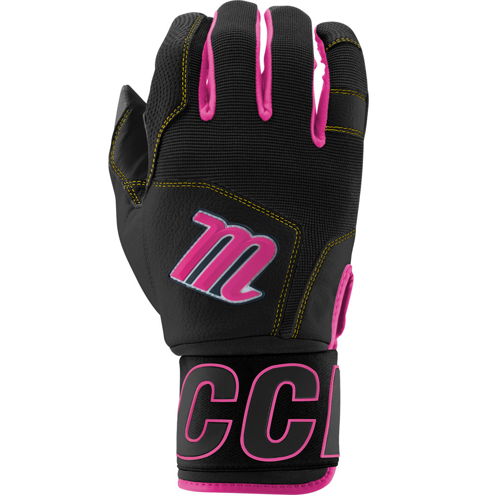 The Marucci Blacksmith V2 Full Wrap Youth Batting Gloves (MBG2BKSMFWY) are durable black training gloves with pink accents, yellow stitching, a goatskin palm, a large M logo, and bold pink letters on the wrist strap.