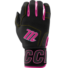The Marucci Blacksmith V2 Full Wrap Youth Batting Gloves (MBG2BKSMFWY) are durable black training gloves with pink accents, yellow stitching, a goatskin palm, a large M logo, and bold pink letters on the wrist strap.