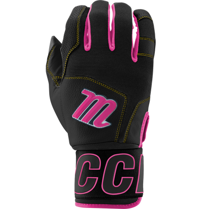 The Marucci Blacksmith V2 Full Wrap Youth Batting Gloves (MBG2BKSMFWY) are durable black training gloves with pink accents, yellow stitching, a goatskin palm, a large M logo, and bold pink letters on the wrist strap.