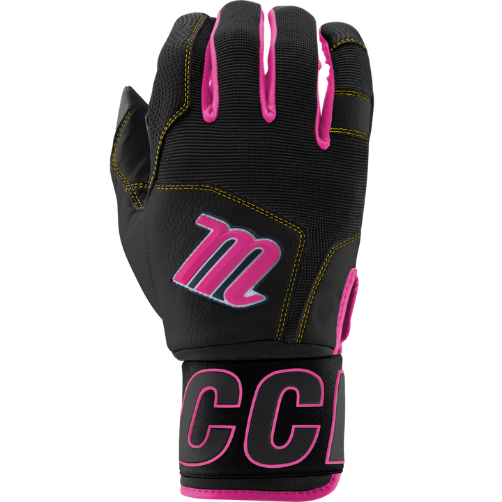 Black and pink marucci blacksmith batting gloves with M logo and full wrap wrist for baseball or softball on a white background