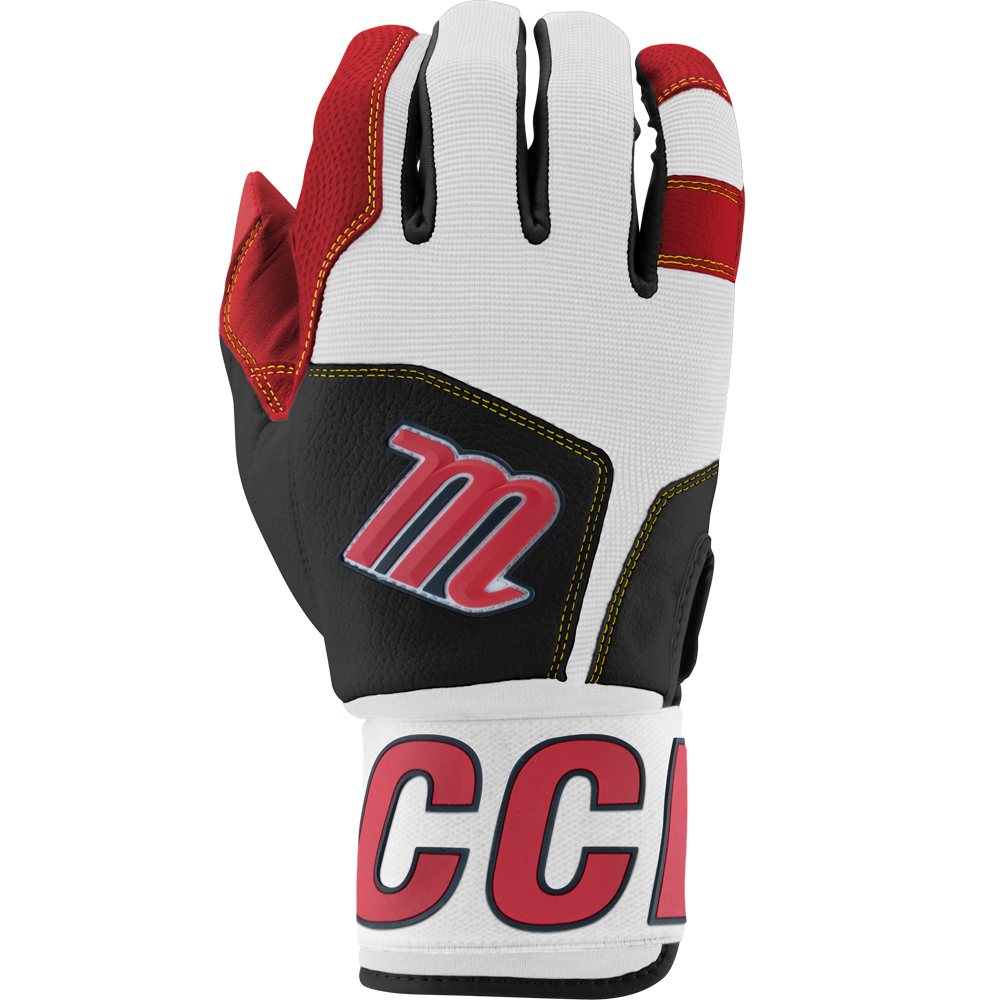 The Marucci Blacksmith V2 Full Wrap Youth Batting Glove (MBG2BKSMFWY) features red, white, and black sections, yellow stitching, a goatskin palm, wrist strap with large red "CC" on white, and an "m" on the back.